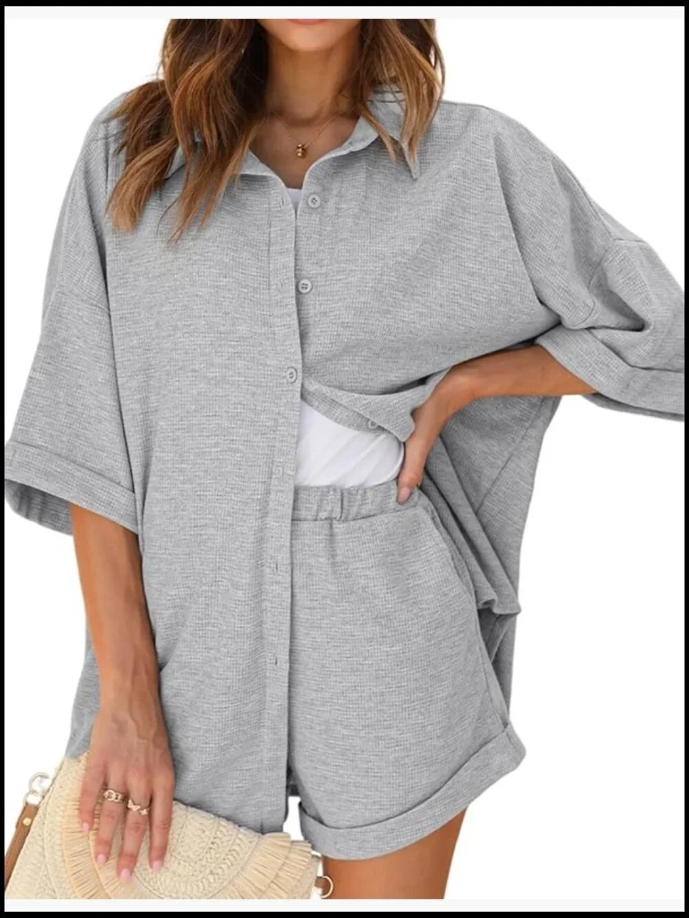 Waffle Knit Lounge Set Short Sleeve Button Down Pajamas Oversized
